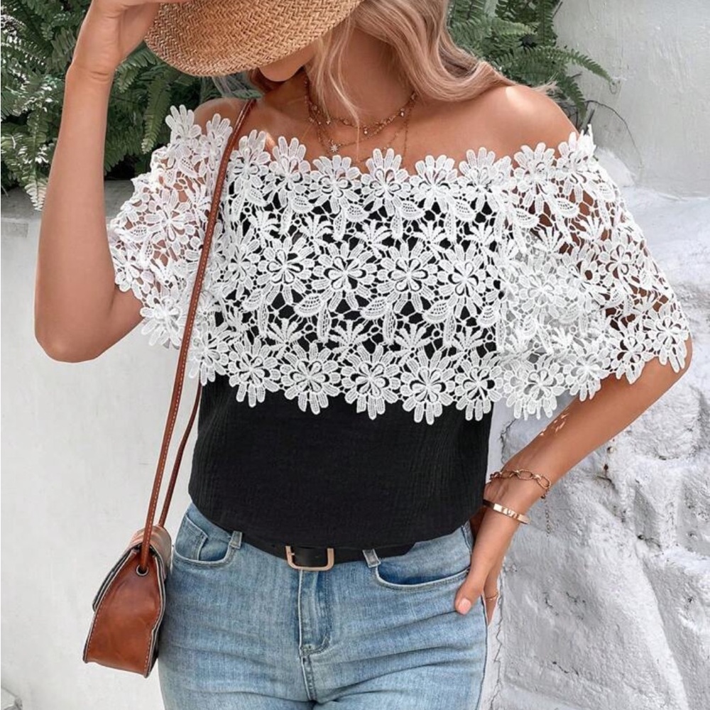 NWT, Lavishly Paris Lace Appliques Off Shoulder Blouse